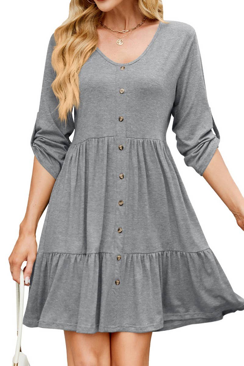CWDSD8716_V-NECK LONG SLEEVE BUTTON FRONT LOOSE SOLID DRESS