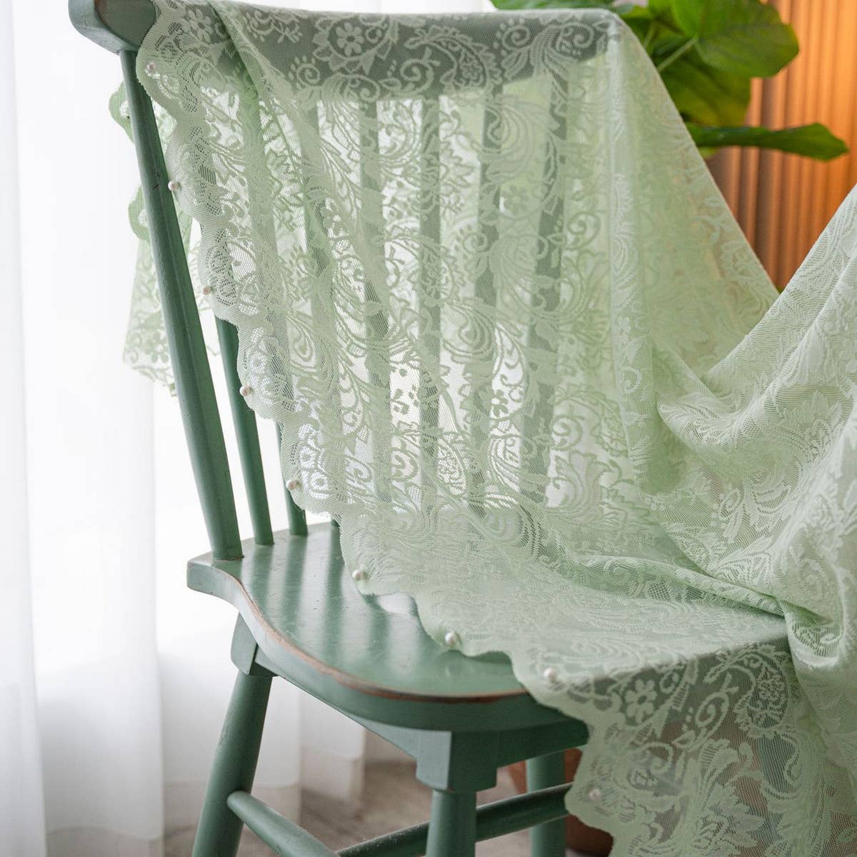 LIGHT GREEN BEADED EMBROIDERED TABLECLOTH