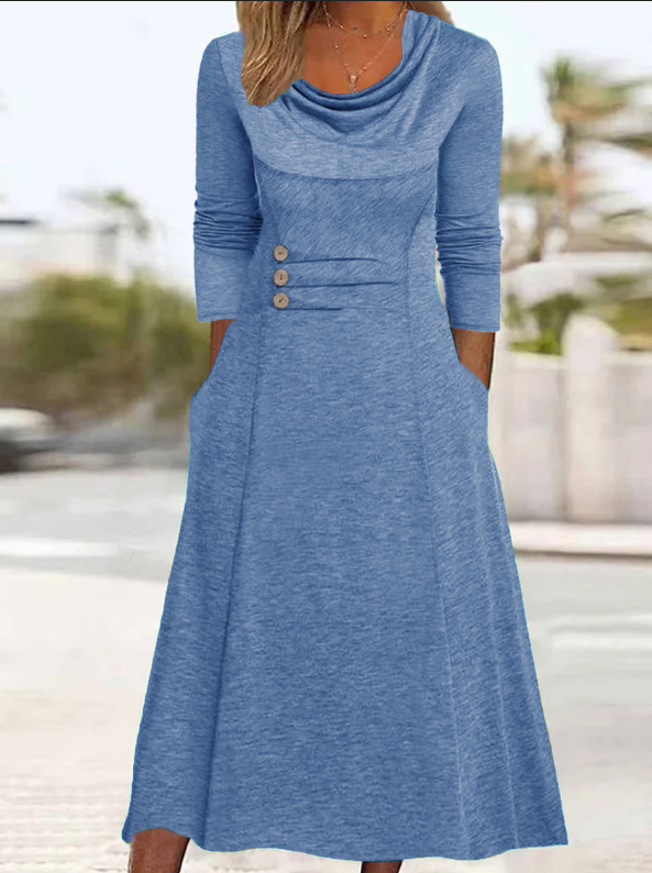 ROUND NECK WAIST BUTTON POCKET SOLID COLOR DRESS