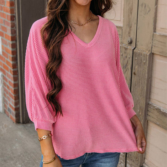 SOLID COLOR V-NECK CASUAL LOOSE KNIT PULLOVER