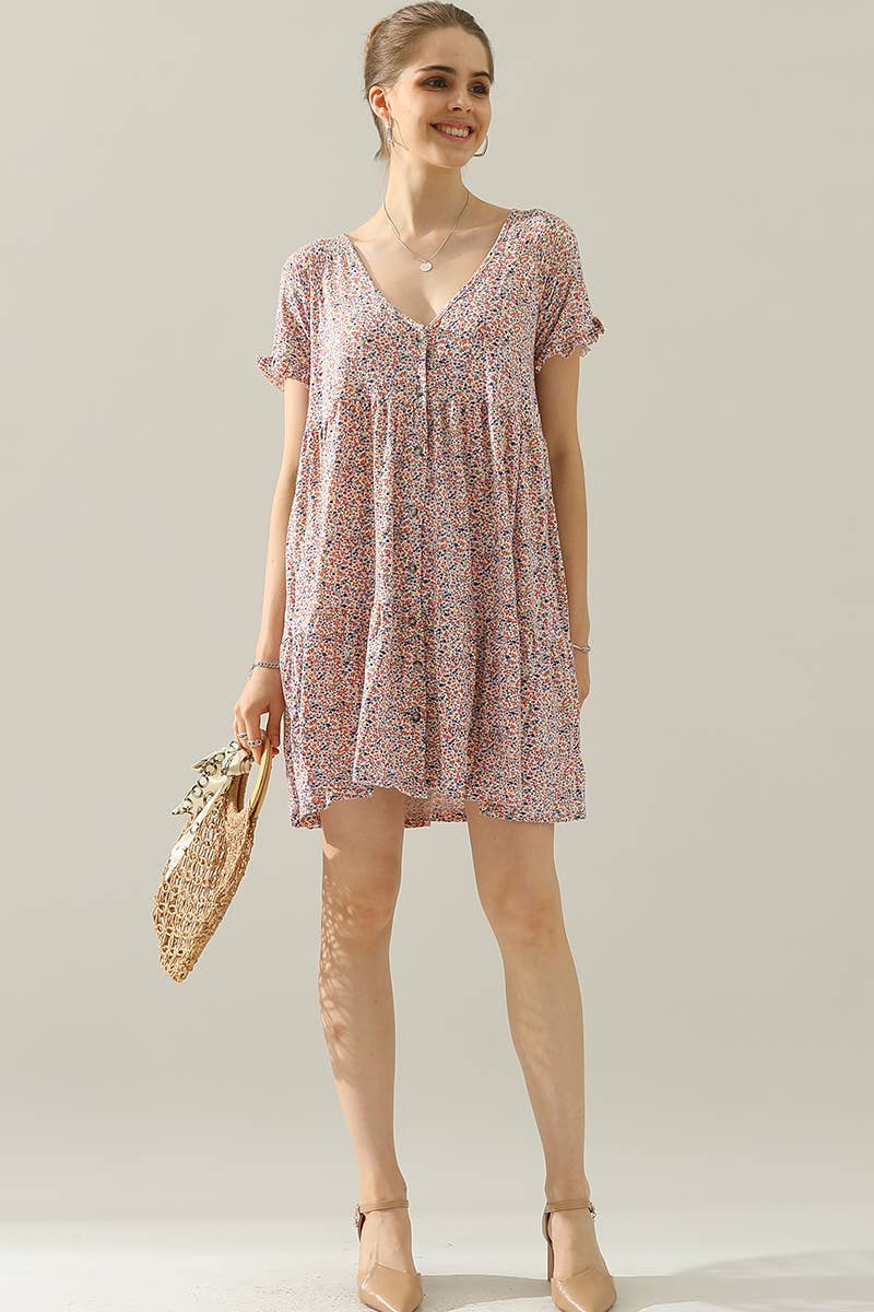CWDSD10410_V NECK BUTTON DOWN WITH RUFFLE SLEEVE DRESS