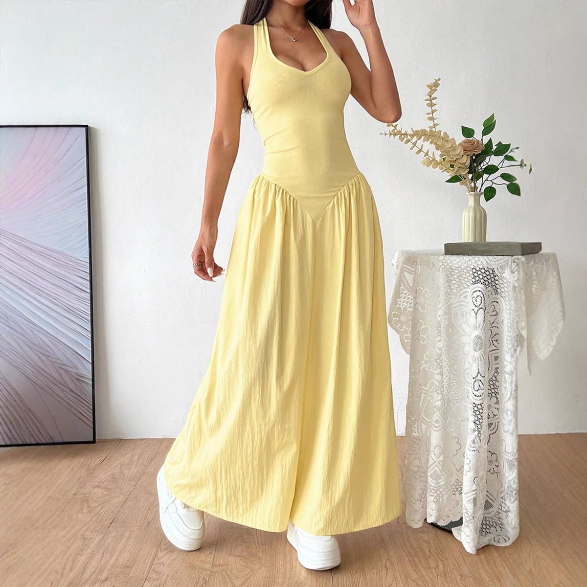 Tie Sexy casual solid-color halter dress