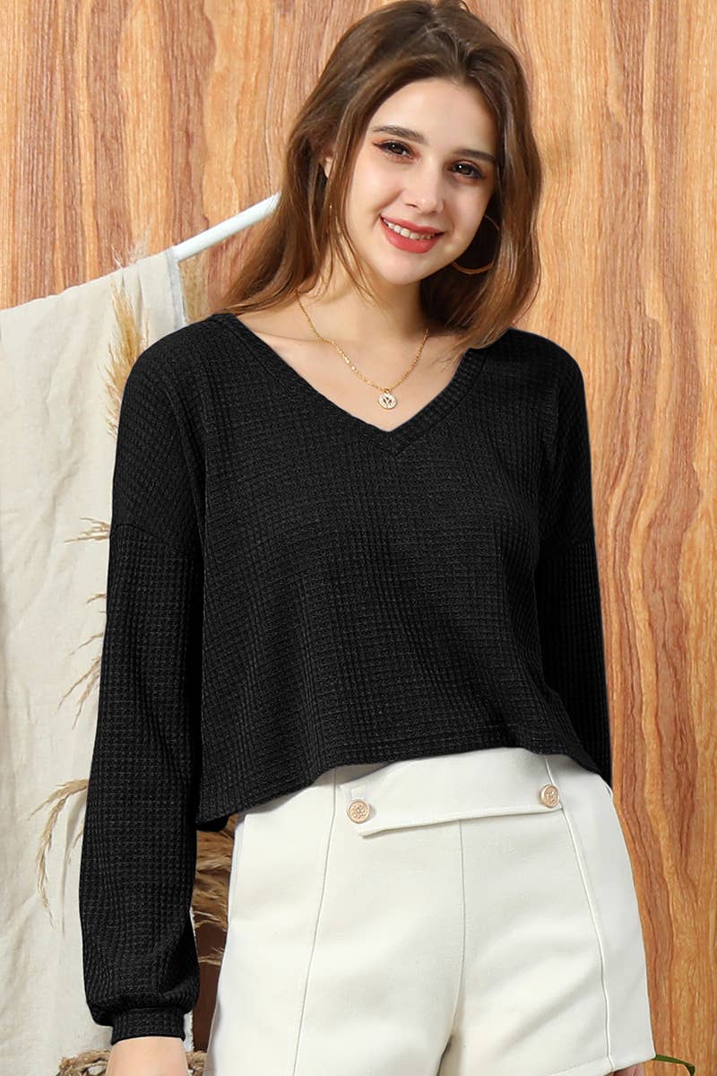 Cwttl1006_V Neck Tunic Short Crop Long Sleeve Knit Sweater