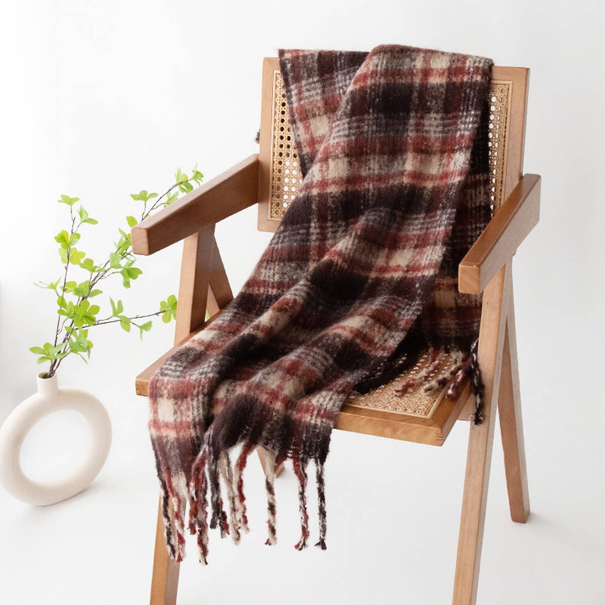 Fuzzy Plaid Scarf - Soft Tassel Wrap for Women