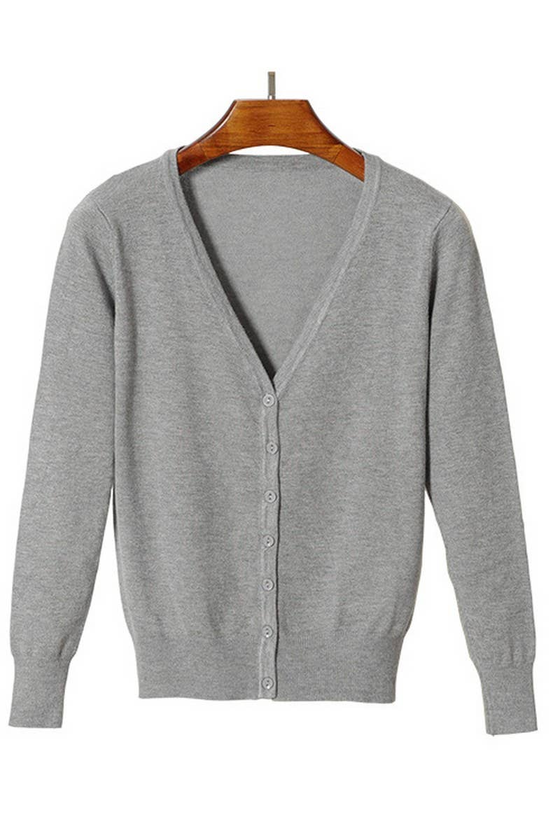 CWOCAL2074_V-NECK SOLID COLOR LONG-SLEEVED KNITTED CARDIGAN