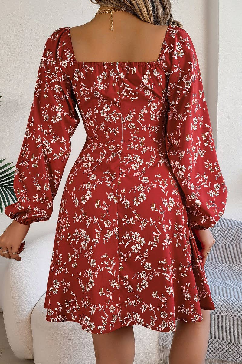 CWDSD7221_CASUAL SQUARE NECK FLORAL LONG SLEEVE A-LINE DRESS