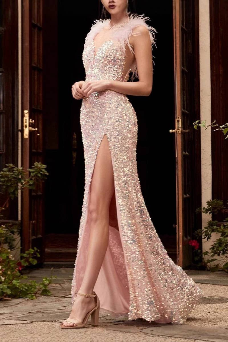 CWDMD5430_ELEGANT SEQUIN FEATHER TRIM RED FORMAL MAXI DRESS