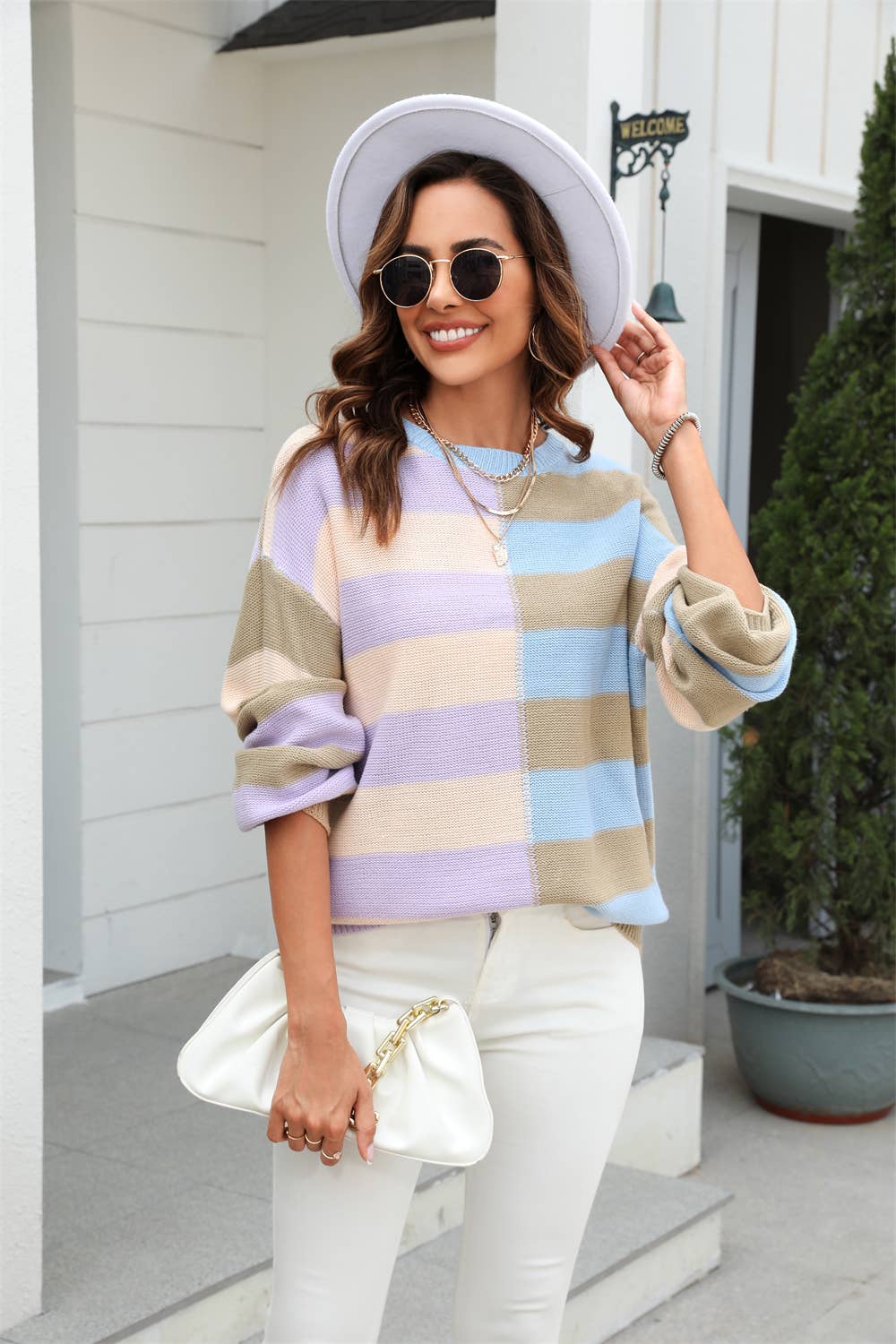 STRIPED CONTRA COLOR CREW NECK SWEATER PULLOVER