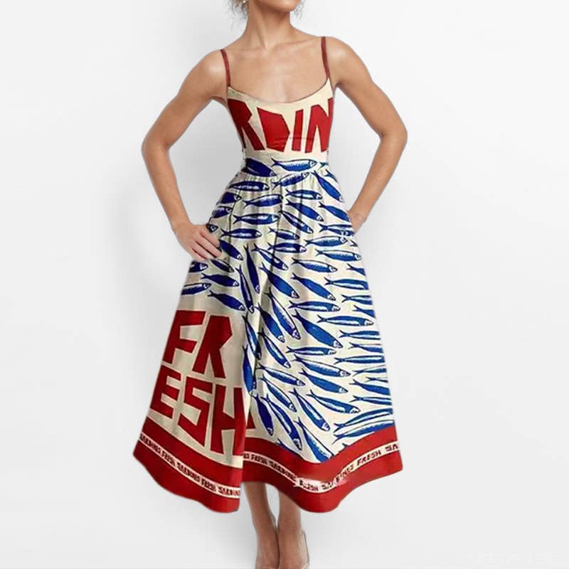 Fashion printed cinched waist,large halter dress