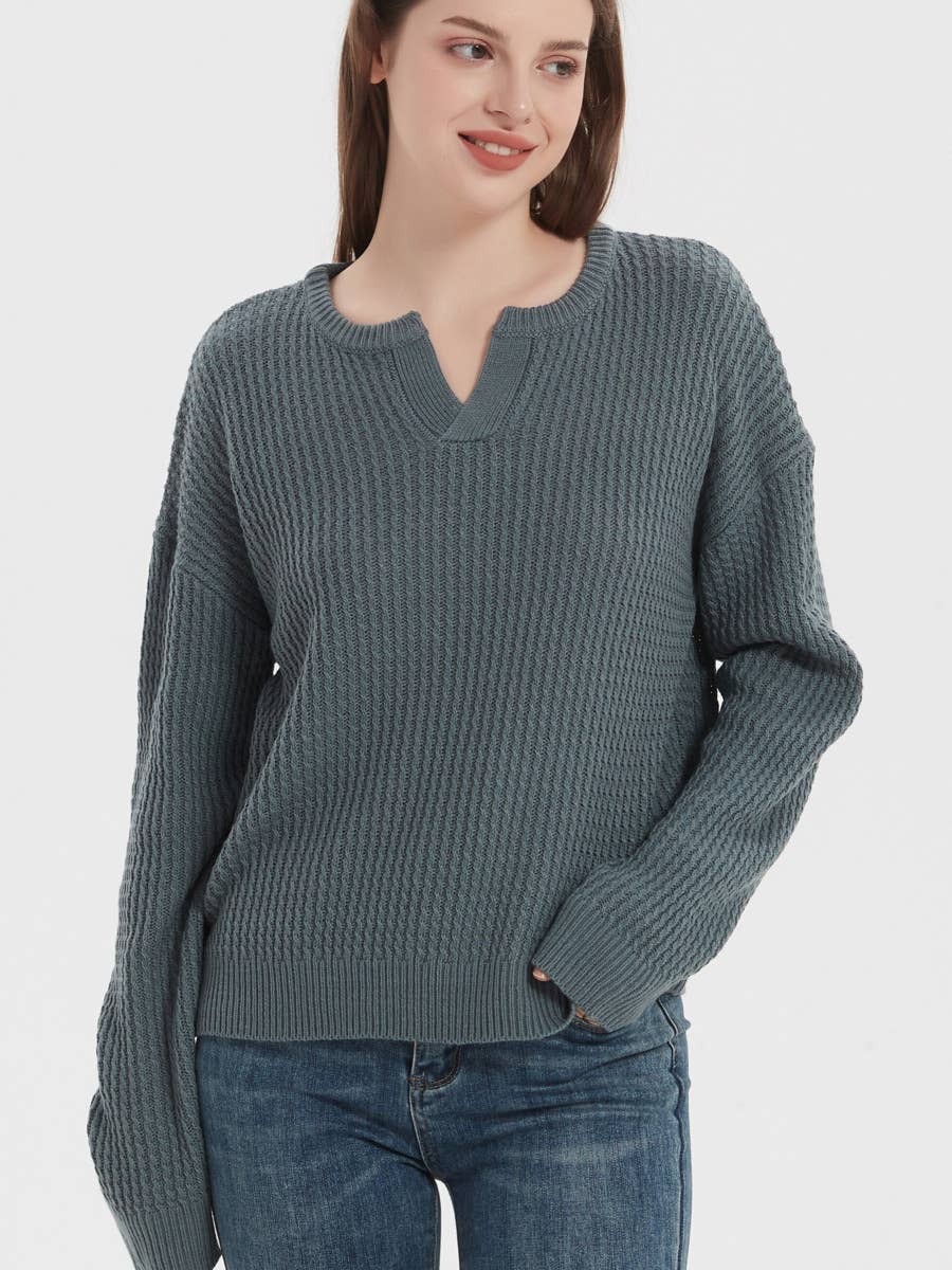 V-neck sweater Solid color loose pullover sweater