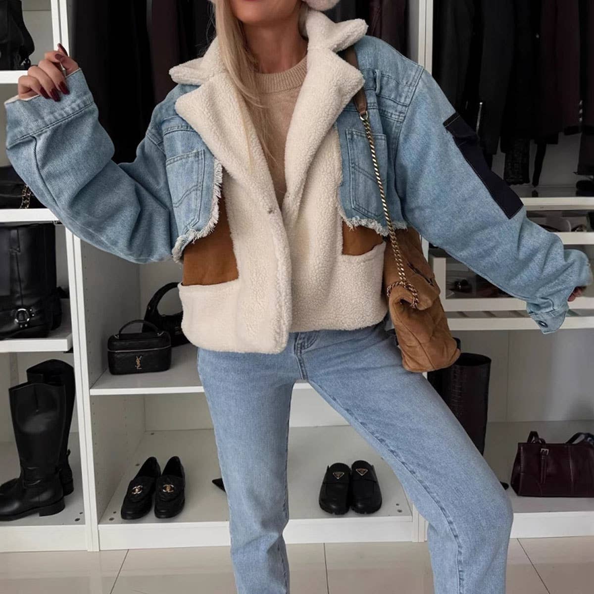 LAMB WOOL JACKET PATCHWORK DENIM SHORT JACKET