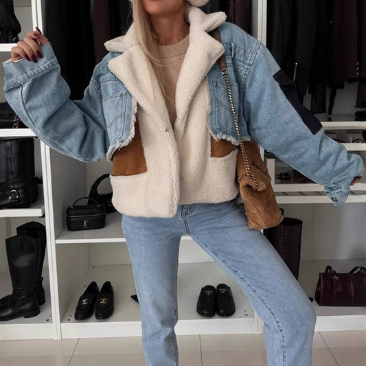 LAMB WOOL JACKET PATCHWORK DENIM SHORT JACKET