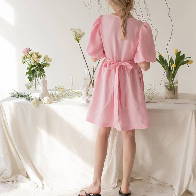 V-NECK PUFFED SLEEVE COTTON LINEN DRESS