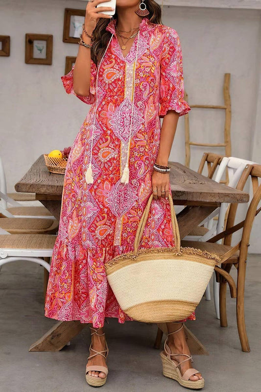 CWDMD4101_PRINTED ELBOW SLEEVE TIE-TIE RUFFLE DRESS