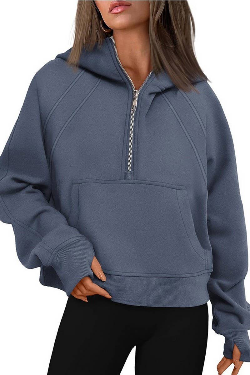 CWOHOL00598_SOLID COLOR CASUAL HALF-ZIP CROPPED HOODIE
