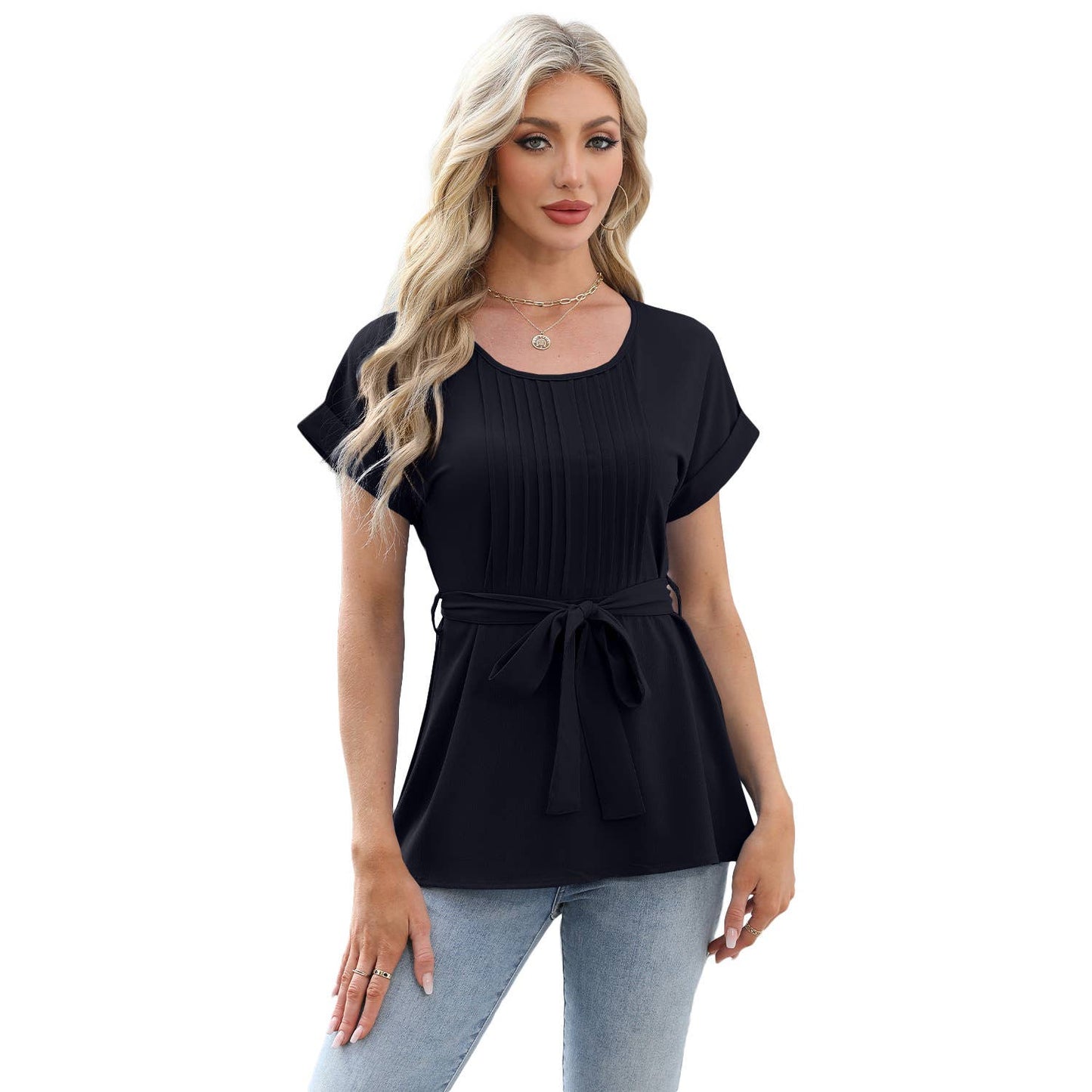Ruffled round neck short sleeved casual shirt