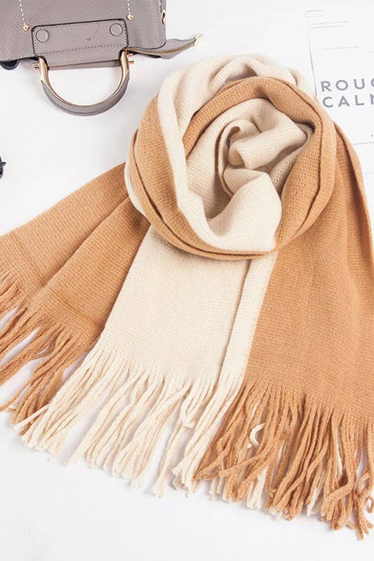 Colorblock Knit Scarf ? Long Fringe Winter Wrap