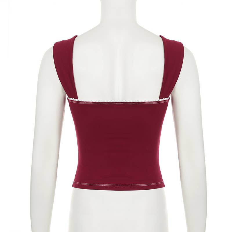 Lace contrast color pleated sleeveless T-shirt