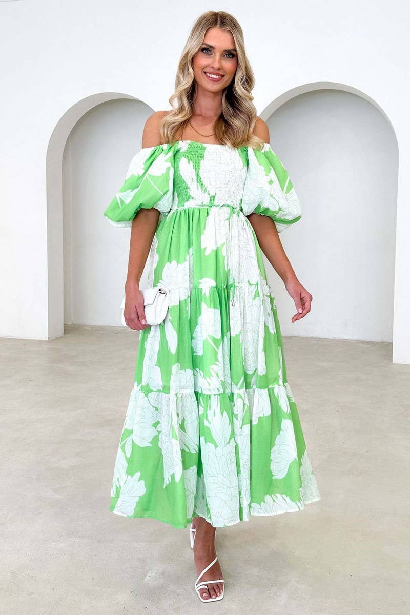 One line shoulder puffed up sleeve waist big swing longdress