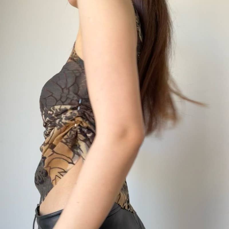 Sexy vintage print asymmetrical one-shoulder top