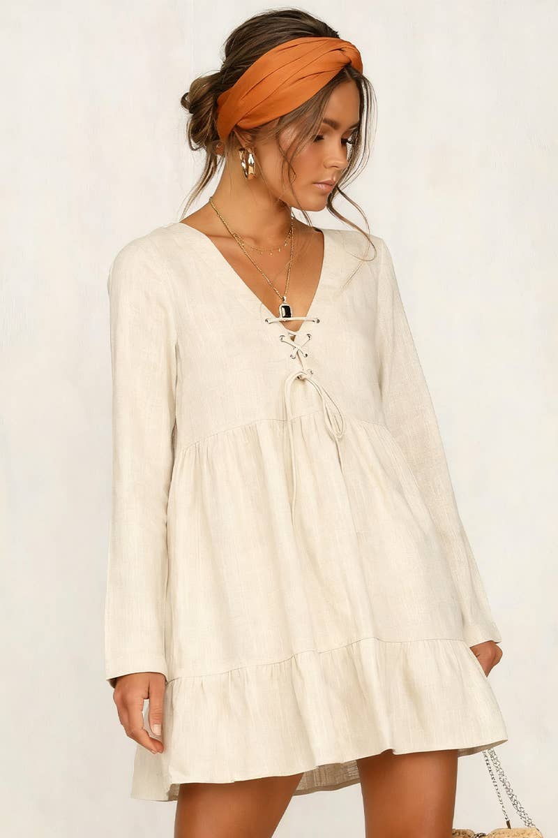 Rivet laced cotton linen long-sleeved dress