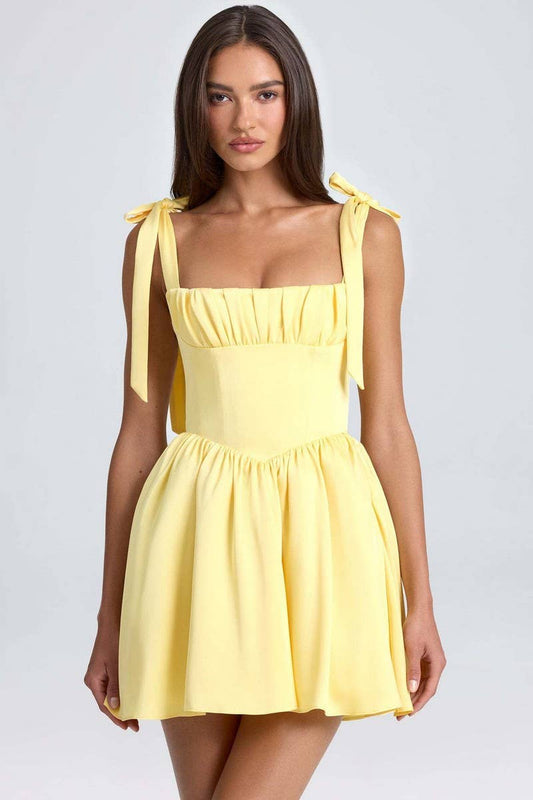 CWDSD8121_SQUARE NECK HIGH WAIST PLEATED BOW SLIP DRESS