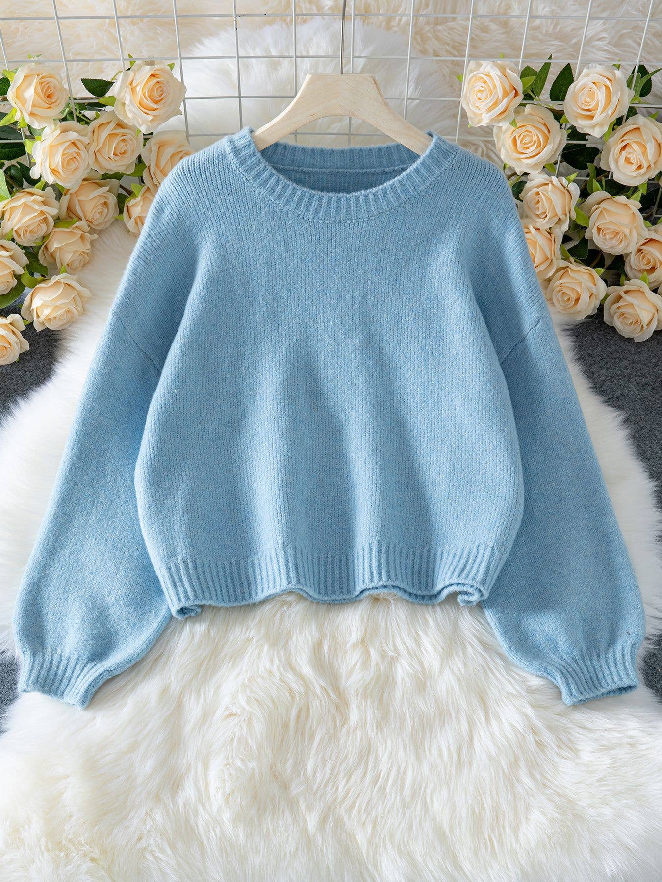 Lantern sleeve pullover solid-color knit sweater