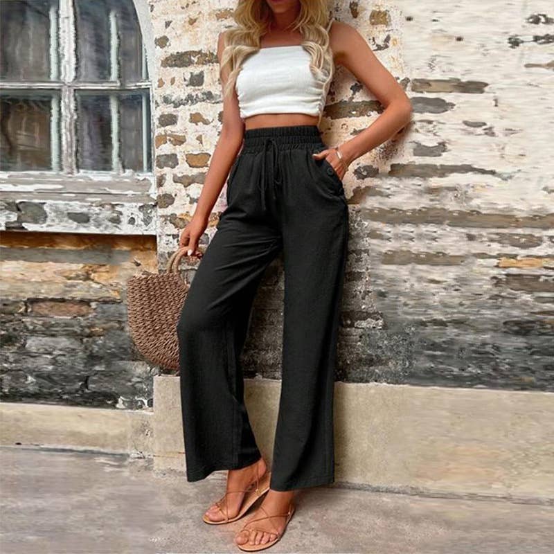 High Waist Elastic Straight Pants with Pockets