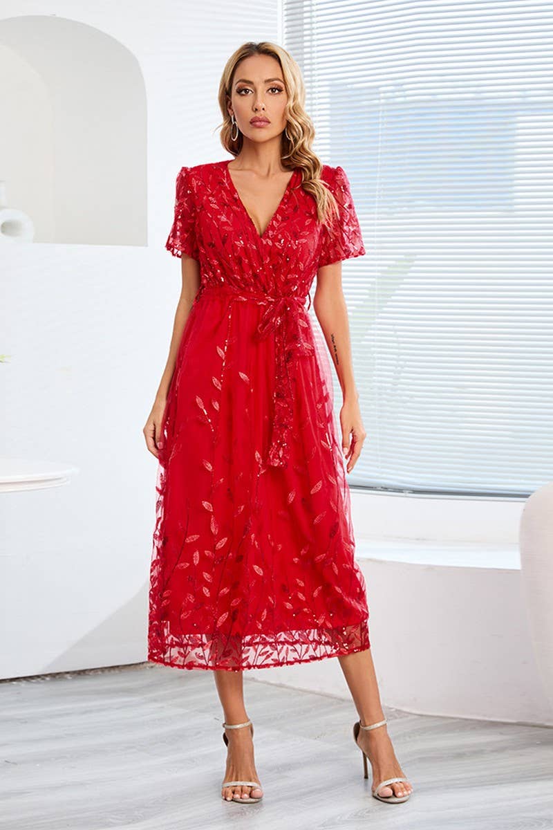 CWDMD1468_V-NECK SHORT SLEEVED DRESS