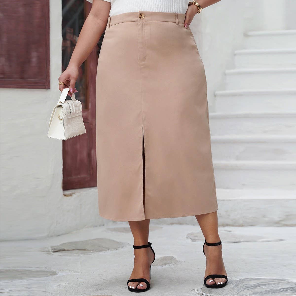 WOMEN'S PLUS SIZE SLIT HIGH WAISTED SKIRT_CWBMS0098