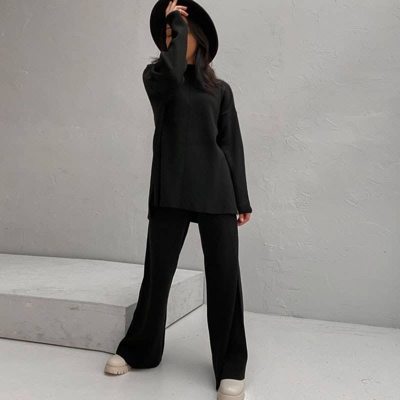 LONG SLEEVE LOOSE SWEATER KNIT TOP PANT SUIT