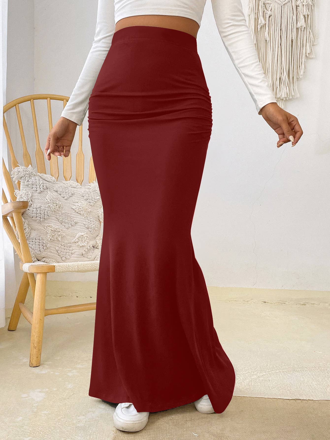 KNIT SOLID COLOR TIGHT FISHTAIL SKIRT LONG SKIRT