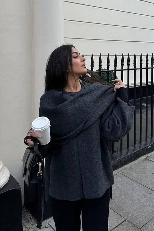 CWOCO1073_SCARF COLLAR LONG SLEEVE LOOSE CASUAL COAT