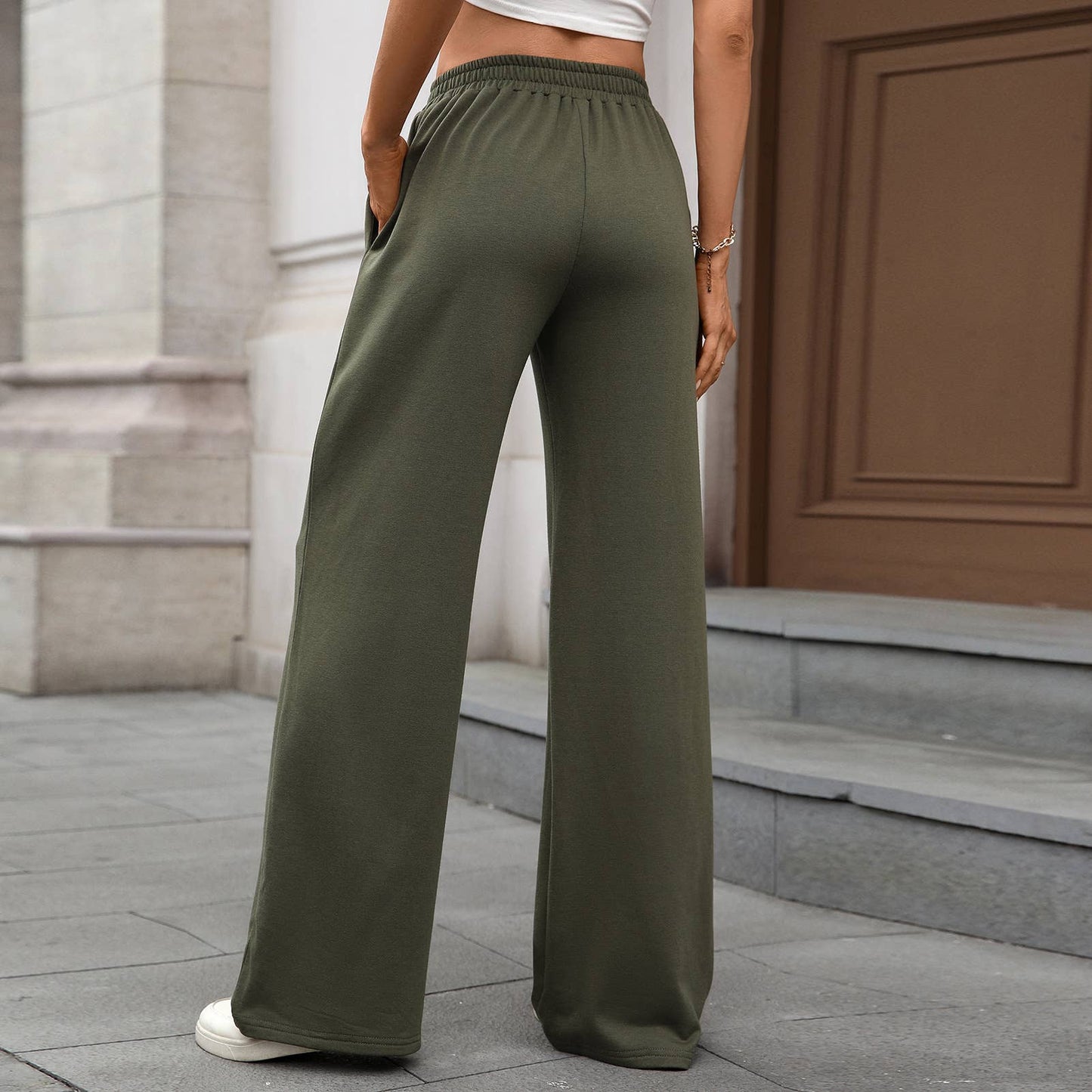 Solid color tight-waist straight casual pants