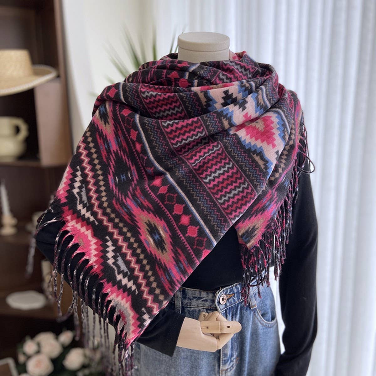 ETHNIC STYLE DOUBLE-SIDED PRINTED TASSEL SCARF