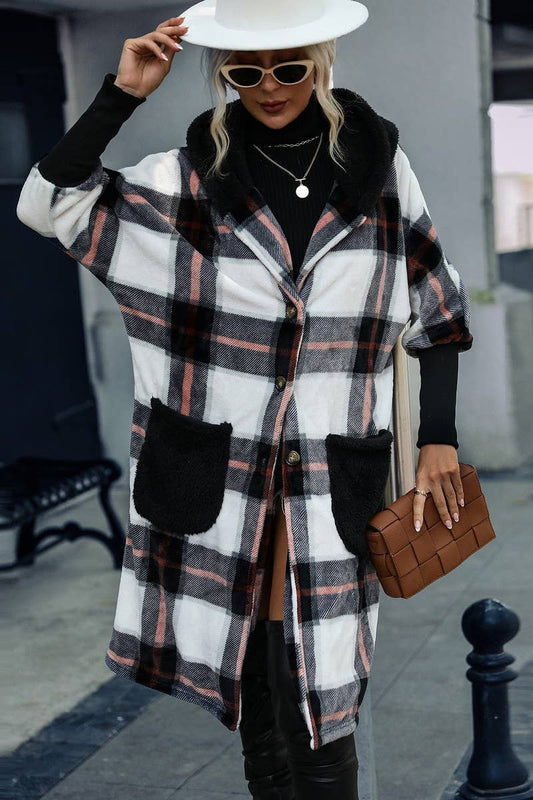 WOMEN STRIPED PLUSH HOODED PLAID COAT_CWOCO0114