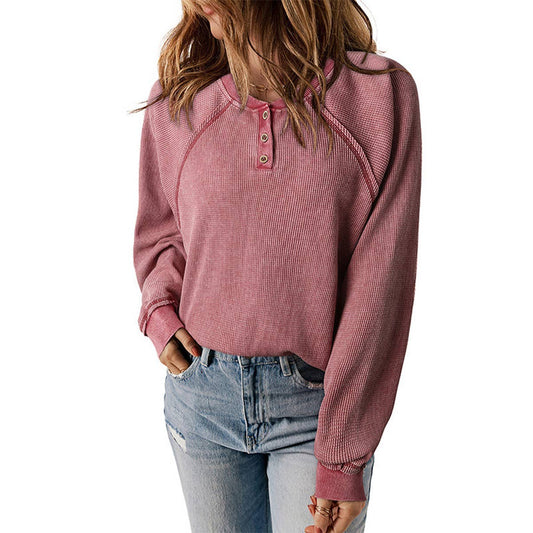Solid color waffle hoodie with loose button pullover