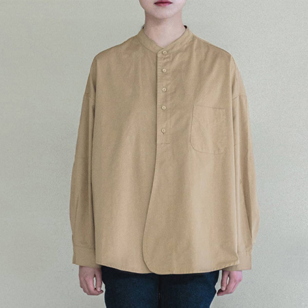 SOLID COLOR STAND COLLAR LOOSE COTTON SHIRT