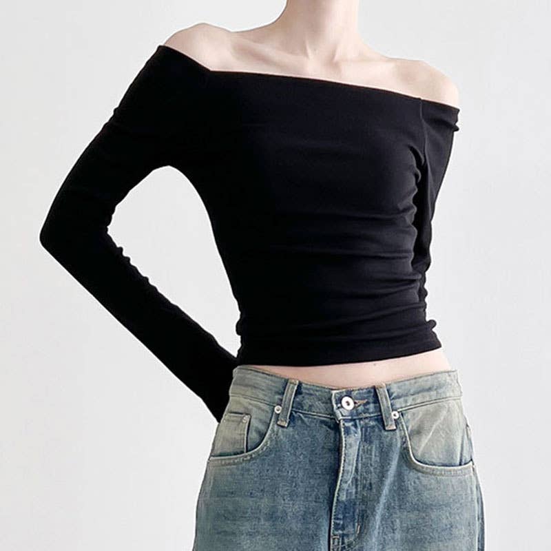 SOLID COLOR SLIM-FIT ONE-LINE SHOULDER T-SHIRT