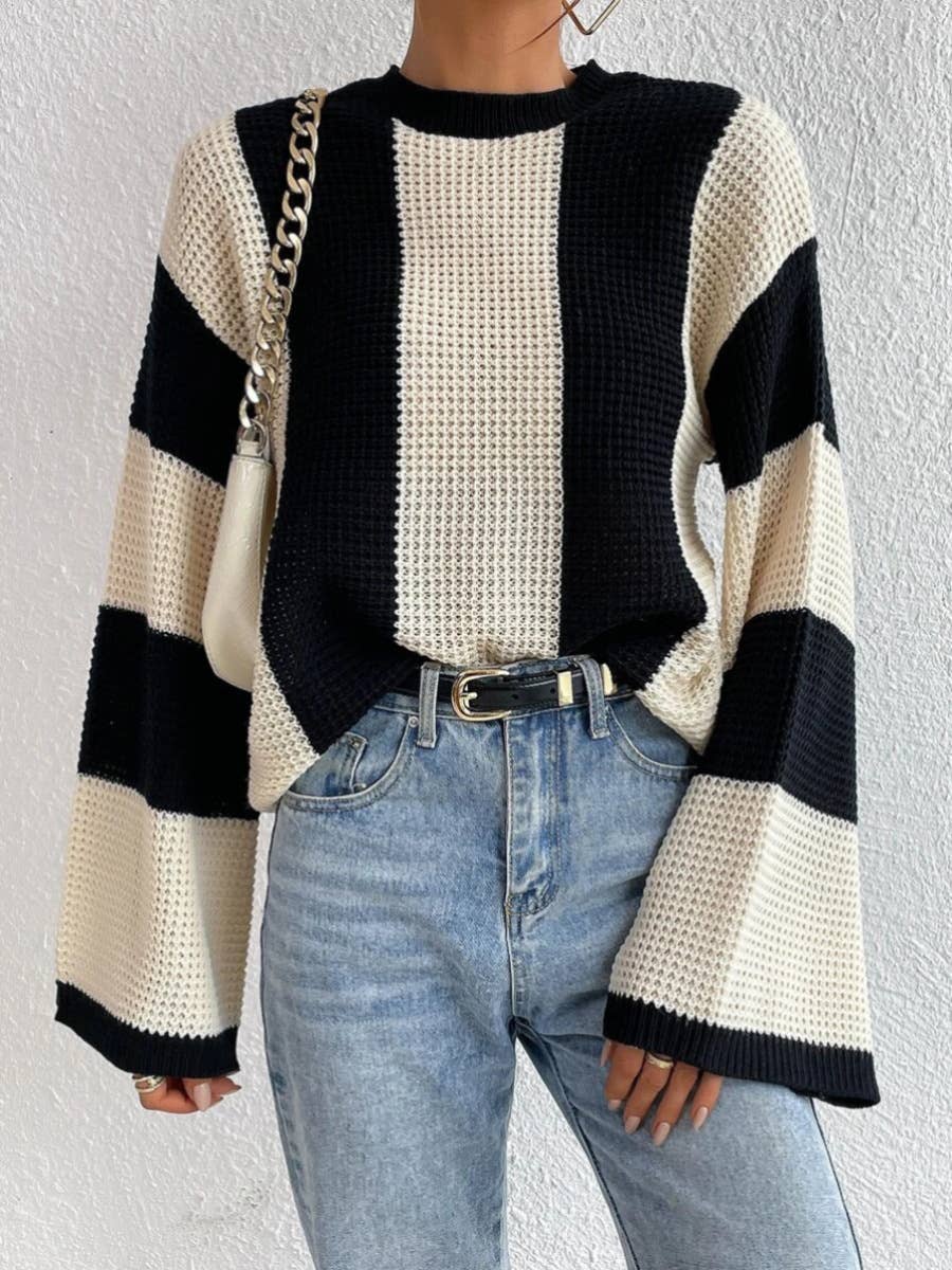 Striped casual sweater with flared sleeves