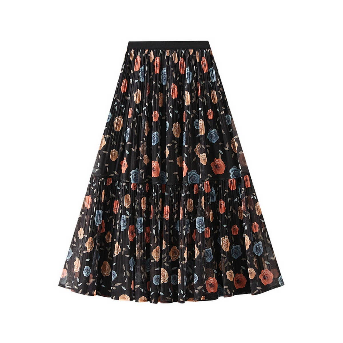 Reversible Rose Print Tulle Pleated Maxi Skirt