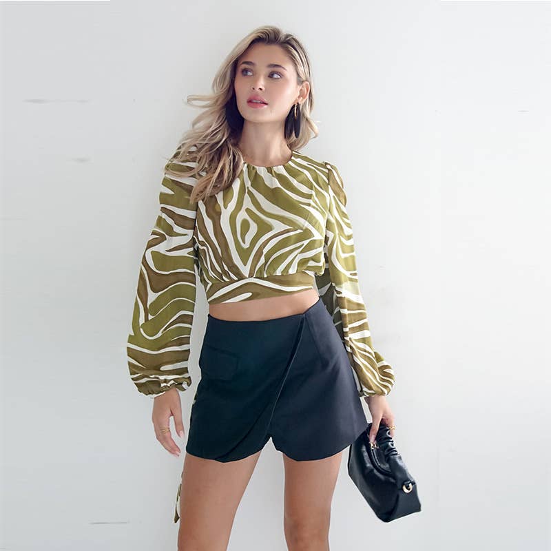 Women's short back lace-up print long-sleeved top