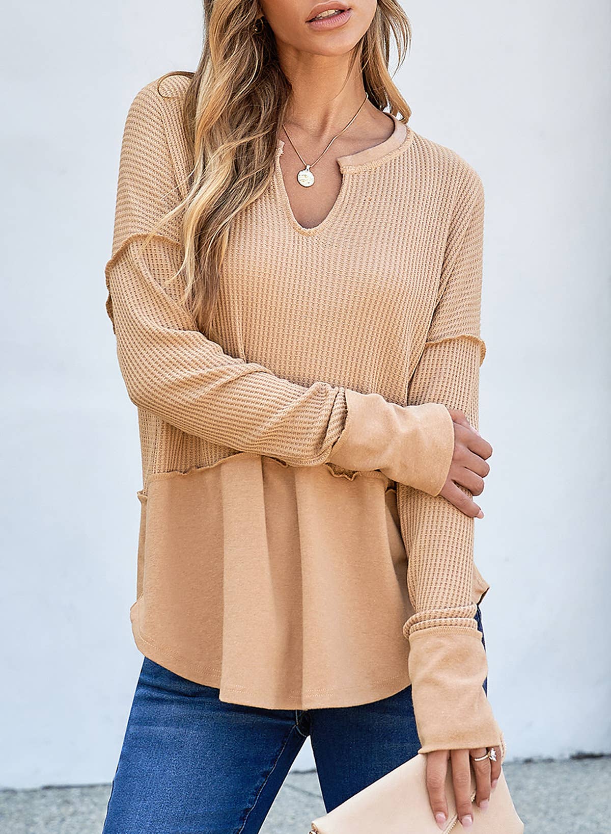 Solid color long sleeve stitched loose hoodie