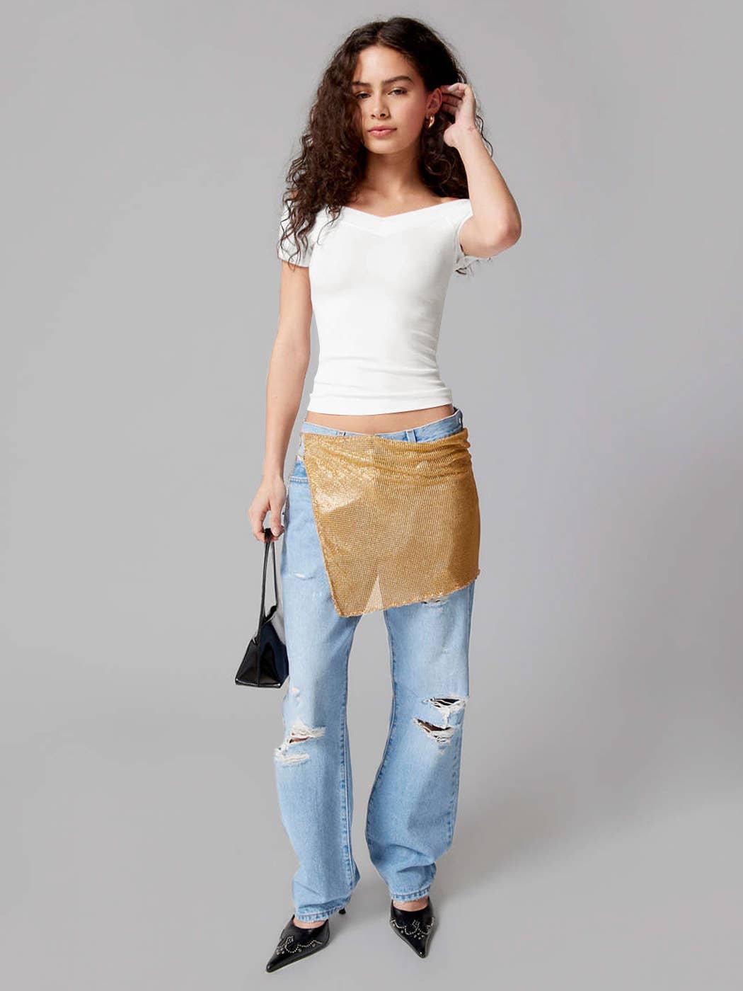 Solid-color V-neck knitted form-fitting T-shirt