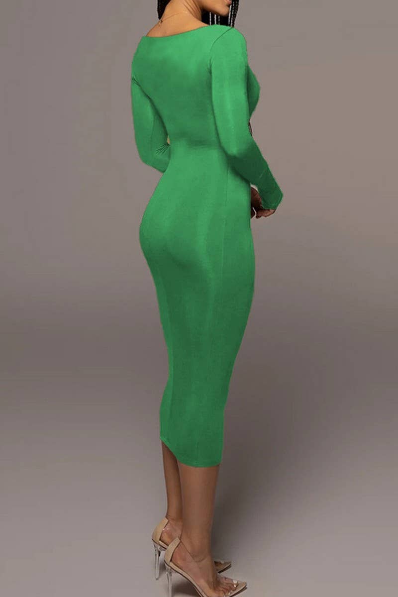 CWDMD4902_SOLID COLOR SLIM SQUARE NECK LONG SLEEVE DRESS