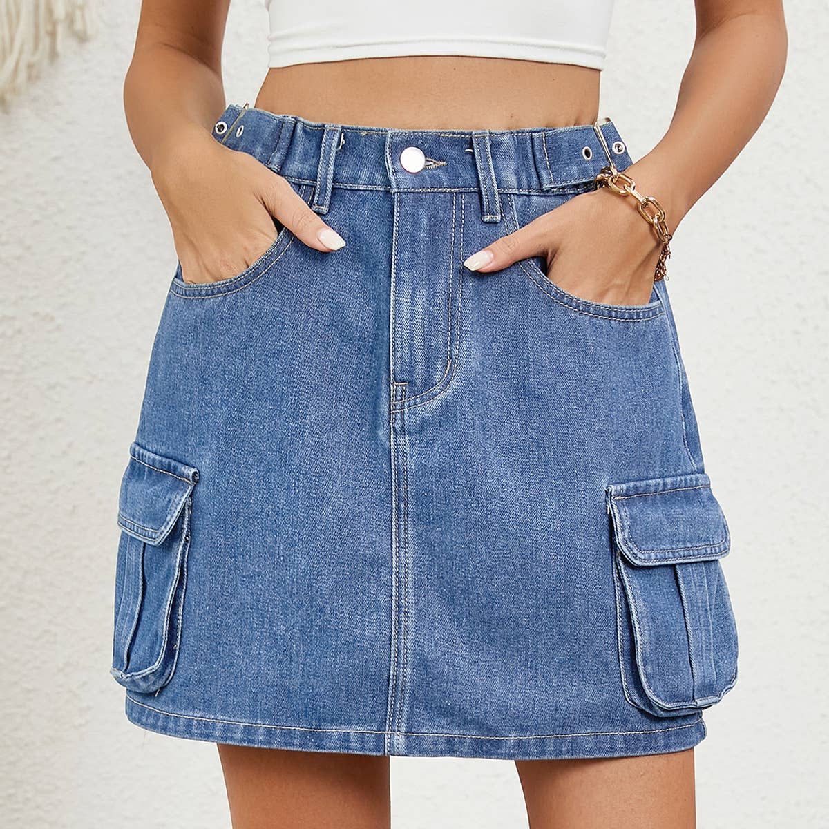 WASHED DENIM SKIRT WITH ADJUSTABLE WAIST