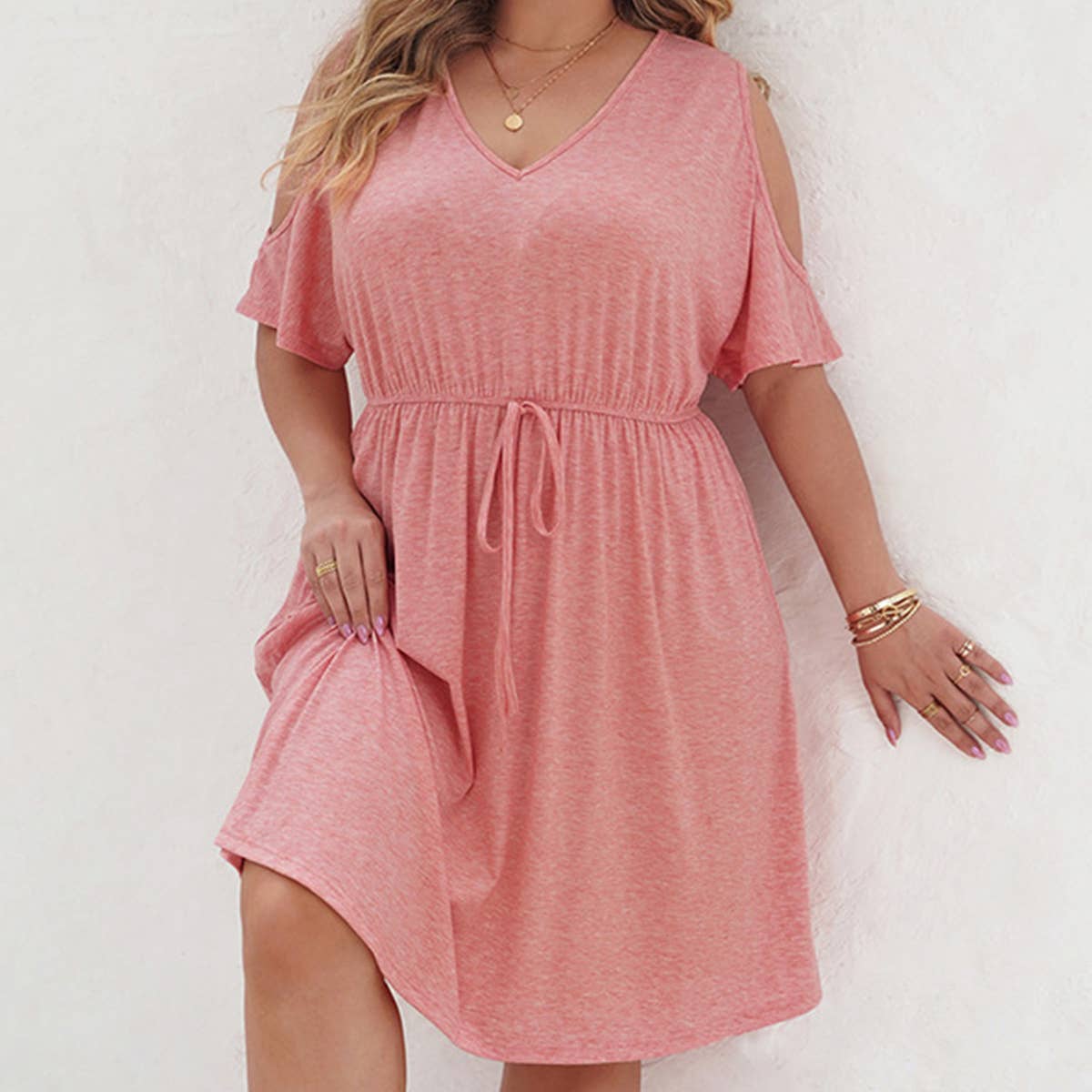 WOMEN'S PLUS SIZE V NECK LACE UP LOOSE DRESS_CWDSD3144