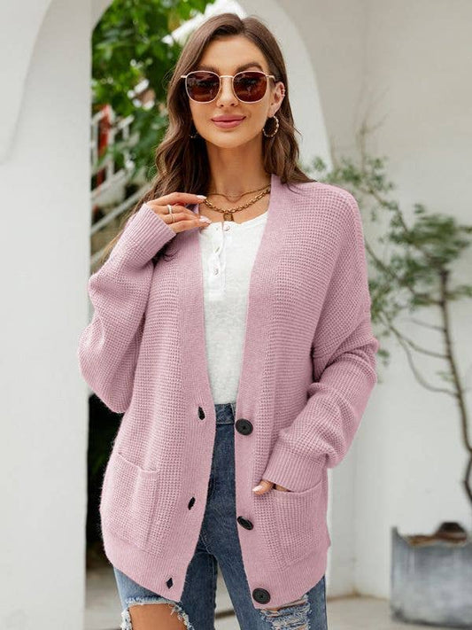 Temperament V-neck loose solid color knit cardigan