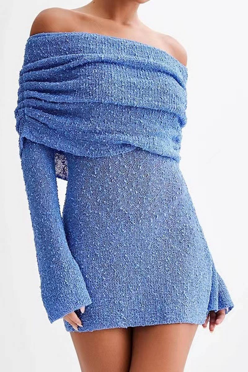 CWDSD7812_SHEER LONG SLEEVE ONE SHOULDER SHORT DRESS