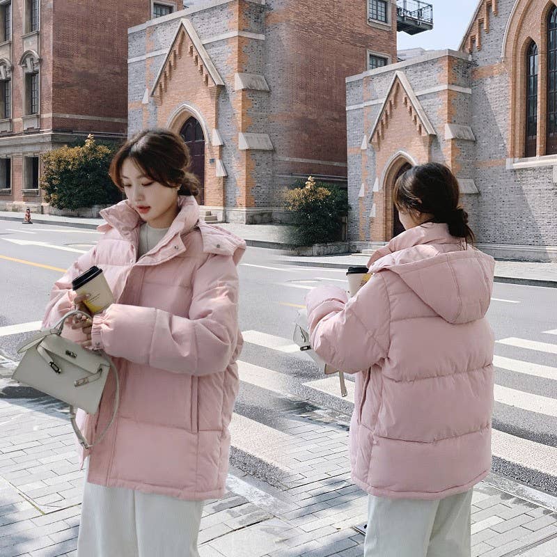 Solid-color hooded cotton-padded jacket